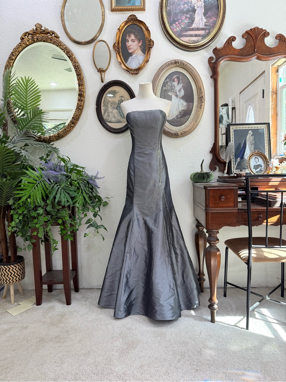 Strapless Evening Gown in Charcoal Gray